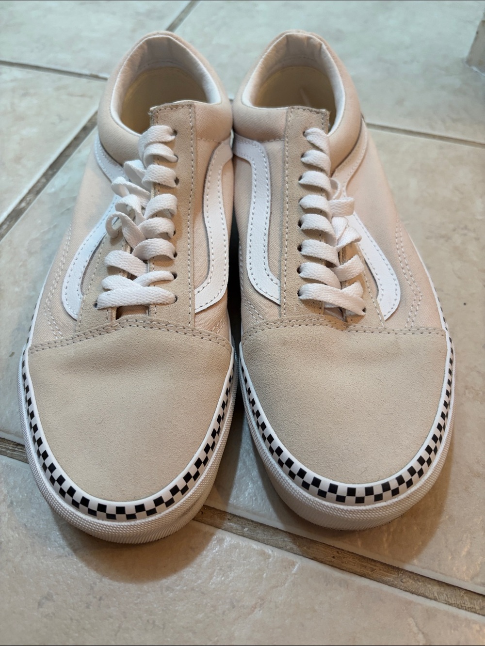 Vans Beige and White Low-Top Skate Sneakers